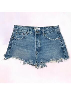 Zara Clean Girl Blue Cotton Denim Jean Shorts 4 Button Up Front Size US 6